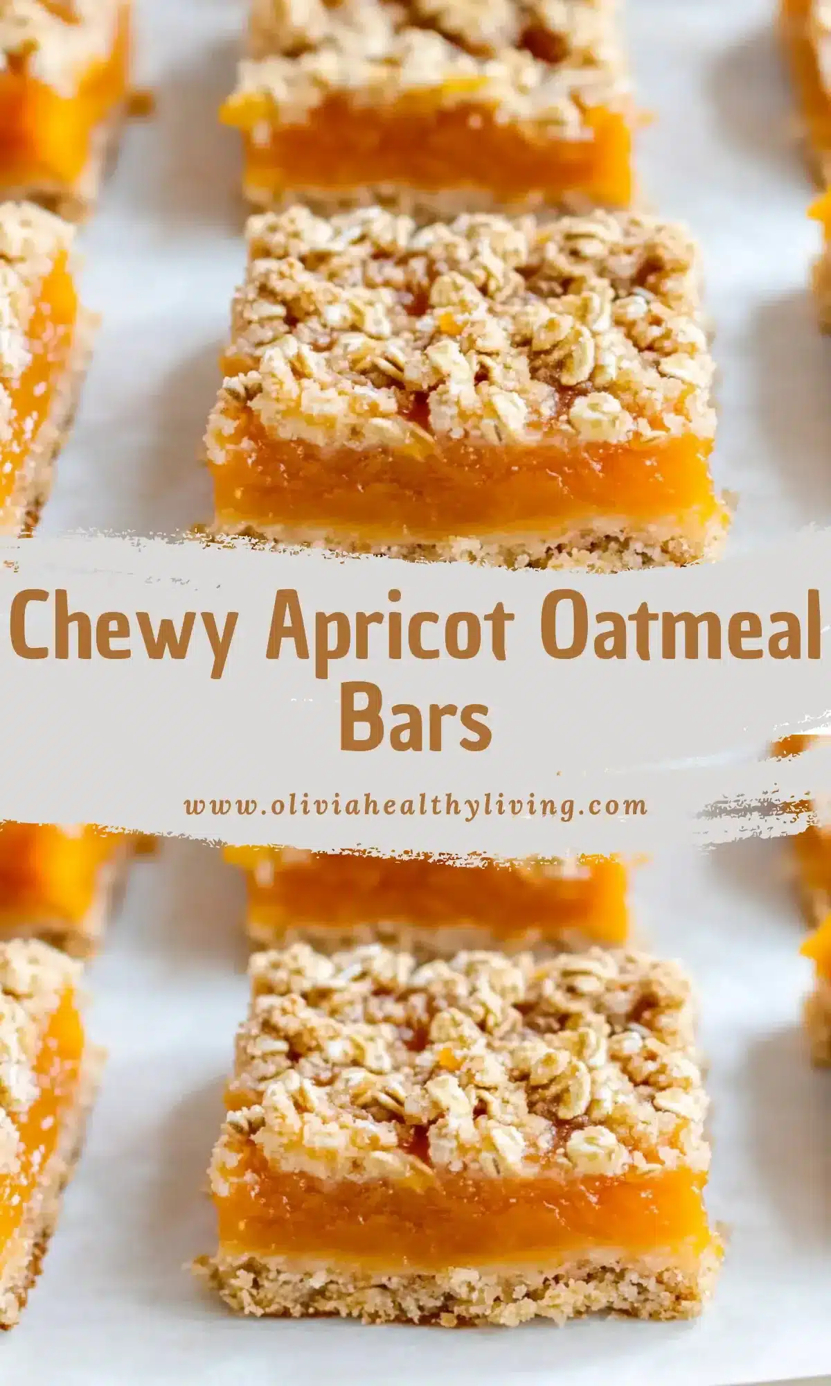 Chewy apricot oatmeal bars with golden preserves and crumbly oat topping on white parchment paper
