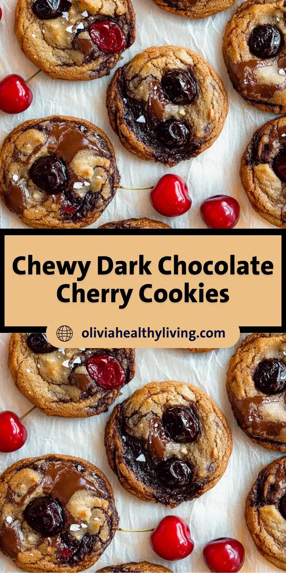 Pinterest pin with text “Chewy Dark Chocolate Cherry Cookies” and URL oliviahealthyliving.com, featuring cookies with melted chocolate and cherries on white parchment.

