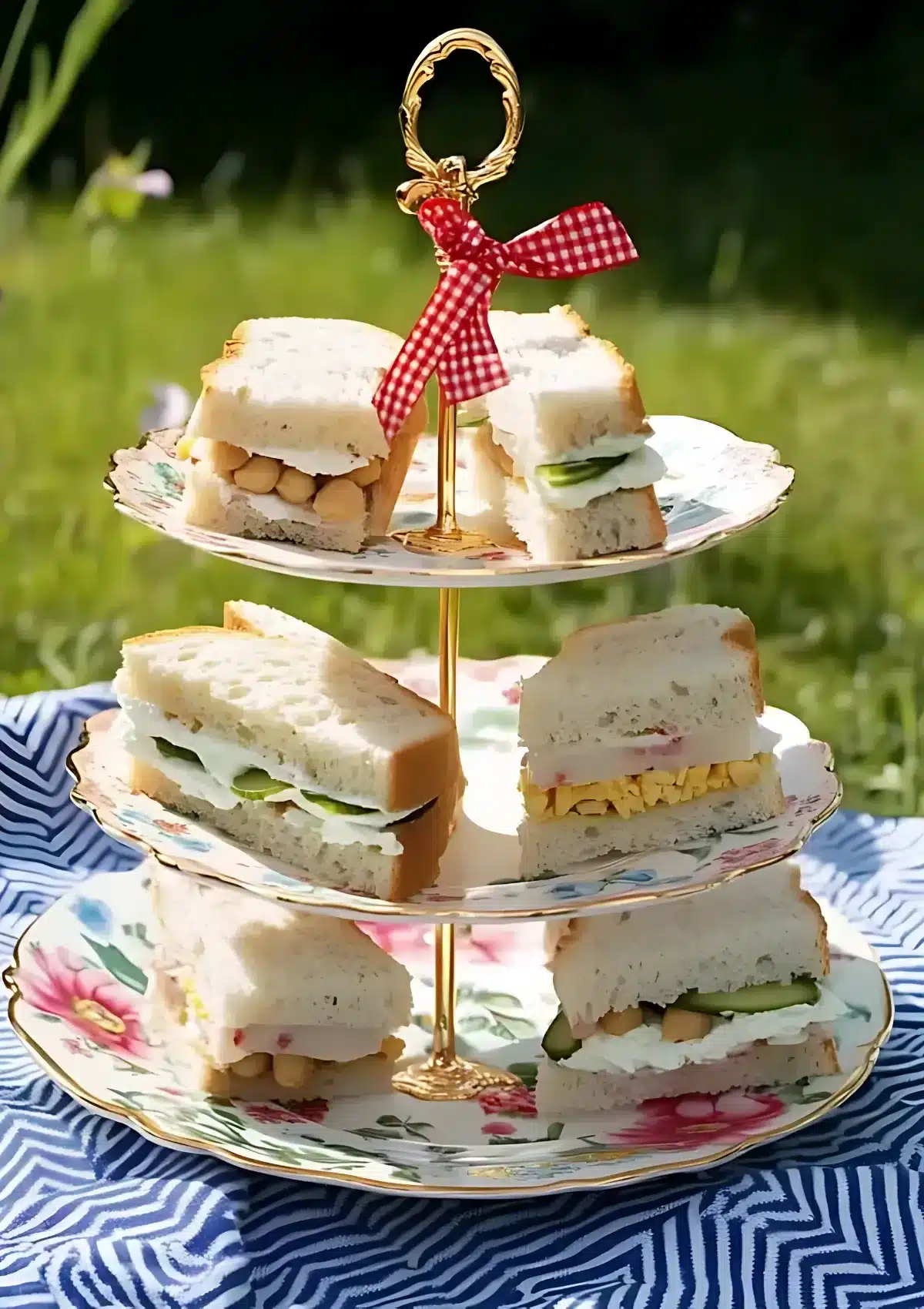Decorative tea stand with red ribbon holding vegetarian sandwiches filled with chickpeas and cucumber on fluffy white bread, styled with floral china in a garden picnic setting.

