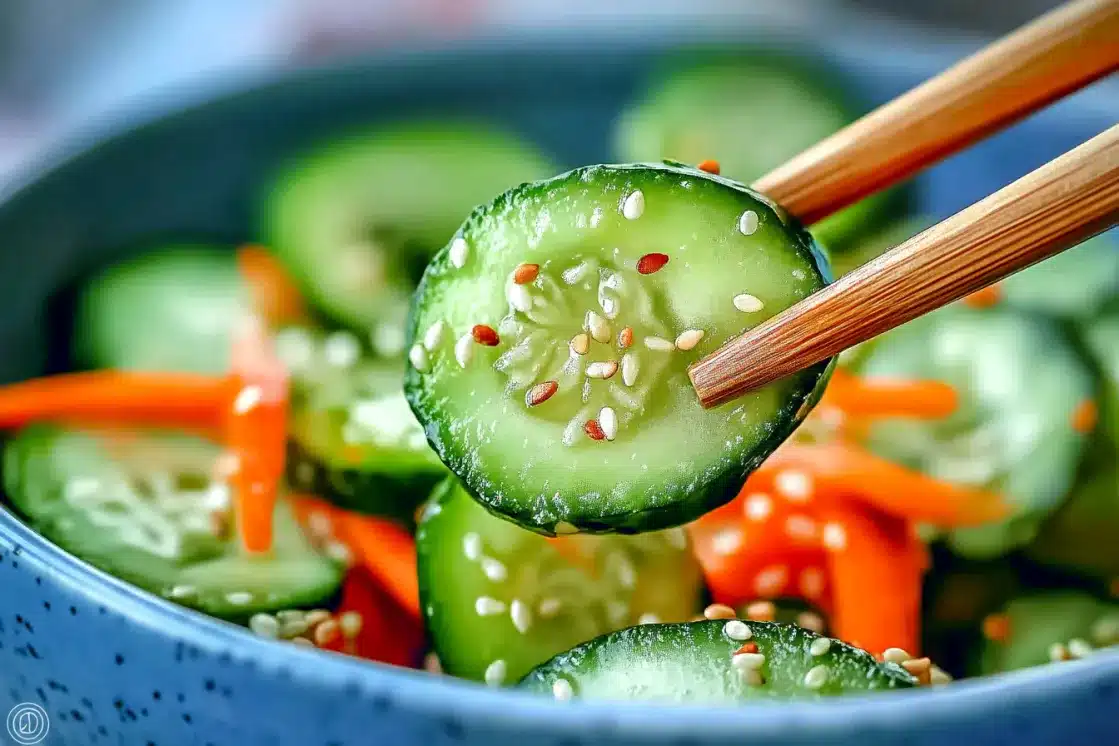 Wooden chopsticks holding cucumber slice from Asian salad