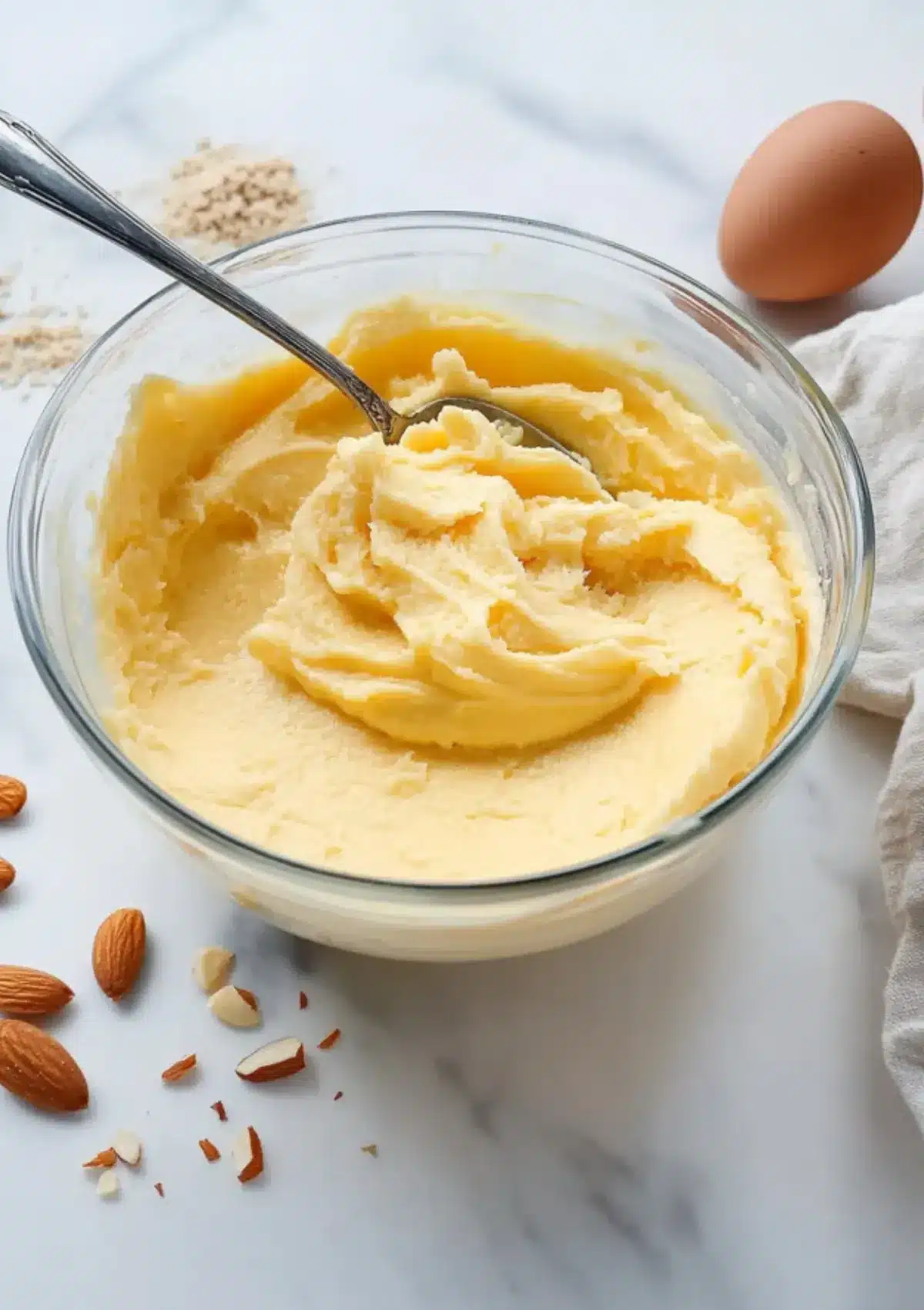 A glass bowl filled with freshly mixed frangipane with spoon, surrounded by almonds, almond flour, and an egg.