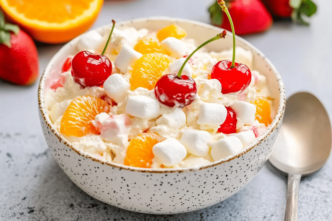 Traditional ambrosia salad in a white speckled bowl featuring mini marshmallows, mandarin orange segments, and fresh maraschino cherries with stems, surrounded by fresh strawberries and orange slices