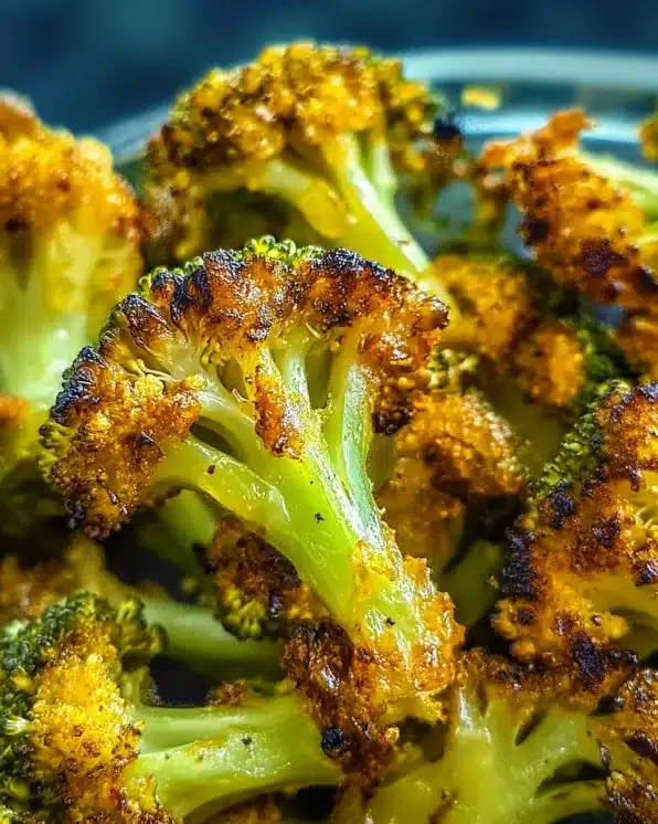 Extreme close-up macro shot showing caramelized golden-brown texture of grilled broccoli