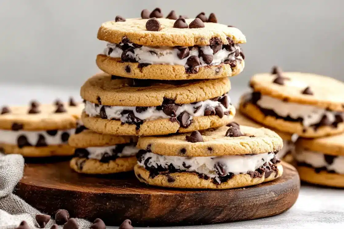 Two cookie ice cream sandwiches stacked on wooden cutting board showing thick vanilla ice cream layer with mini chocolate chips