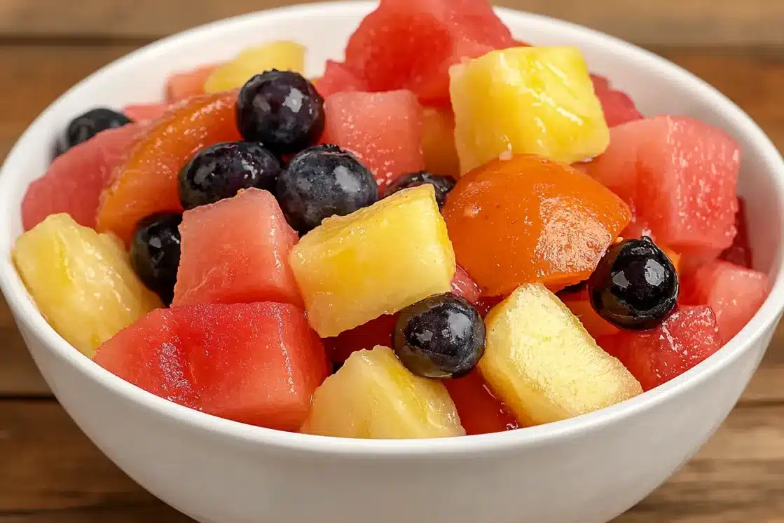Beautiful tropical fruit salad with watermelon, pineapple, and blueberries mixed in white serving bowl