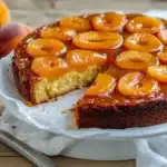 Whole apricot upside down cake on white cake stand with fresh apricots in background, showing golden caramelized fruit topping