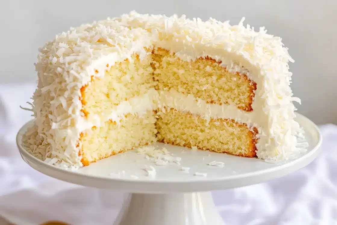 Whole coconut cloud cake on white cake stand covered in shredded coconut with slice removed
