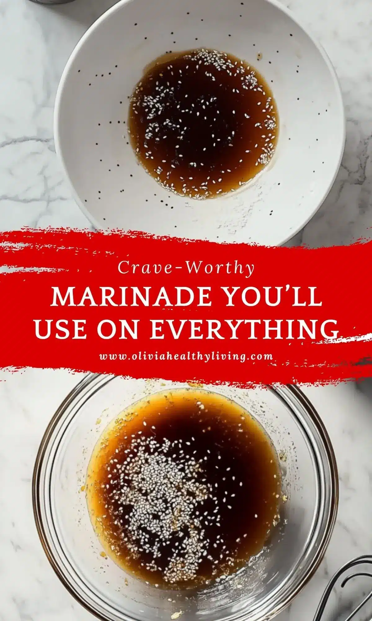Split view of white and glass bowls with dark soy marinade and sesame seeds, overlaid with bold red text promoting a universal tofu marinade recipe.

