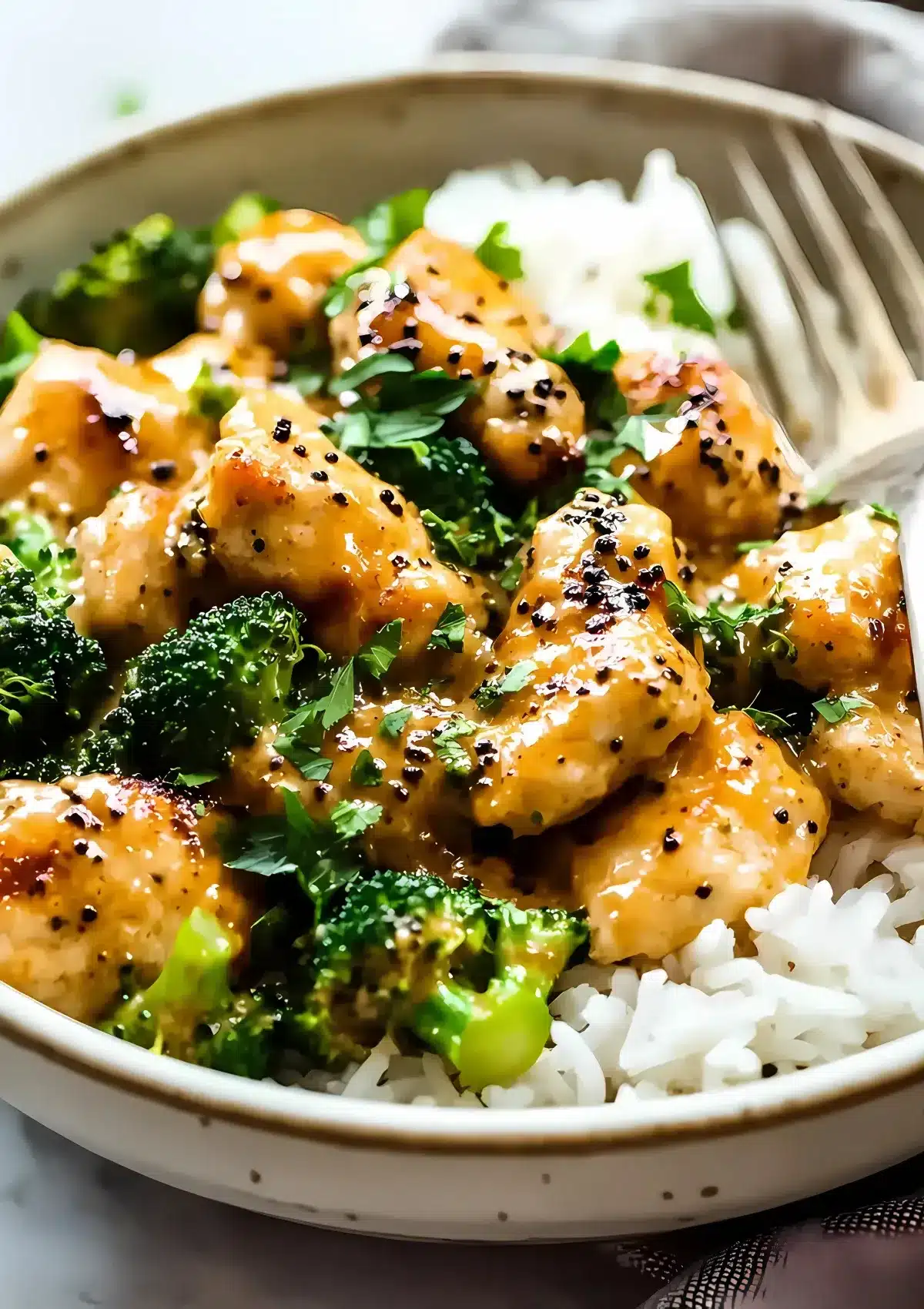 Close-up of glazed chicken with broccoli and black pepper on white rice, garnished with fresh herbs in a ceramic bowl

