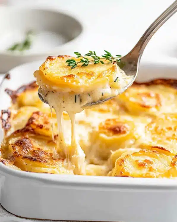 A spoon lifting creamy, cheesy scalloped potatoes from a white baking dish, showing the stretchy melted cheese and golden brown top with fresh herbs