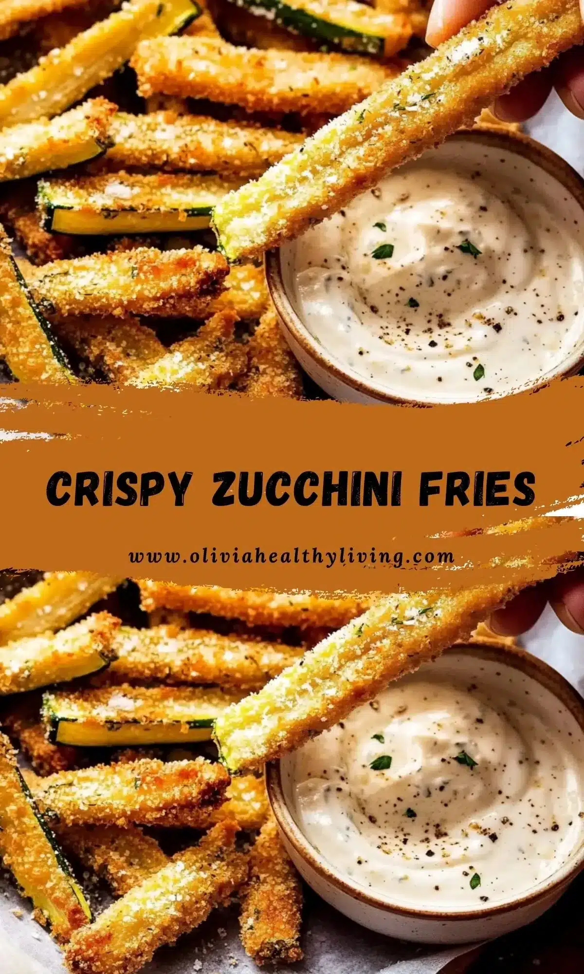 Golden crispy air fryer zucchini fries with herb-flecked dipping sauce on a rustic wooden board