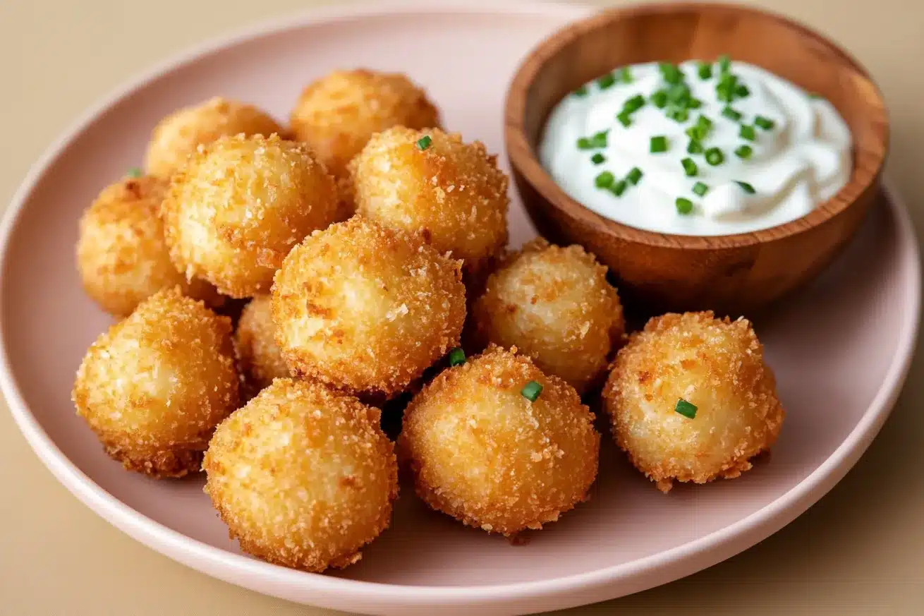 Golden-brown fried potato balls served on a pink plate with a wooden bowl of sour cream topped with chopped chives.


