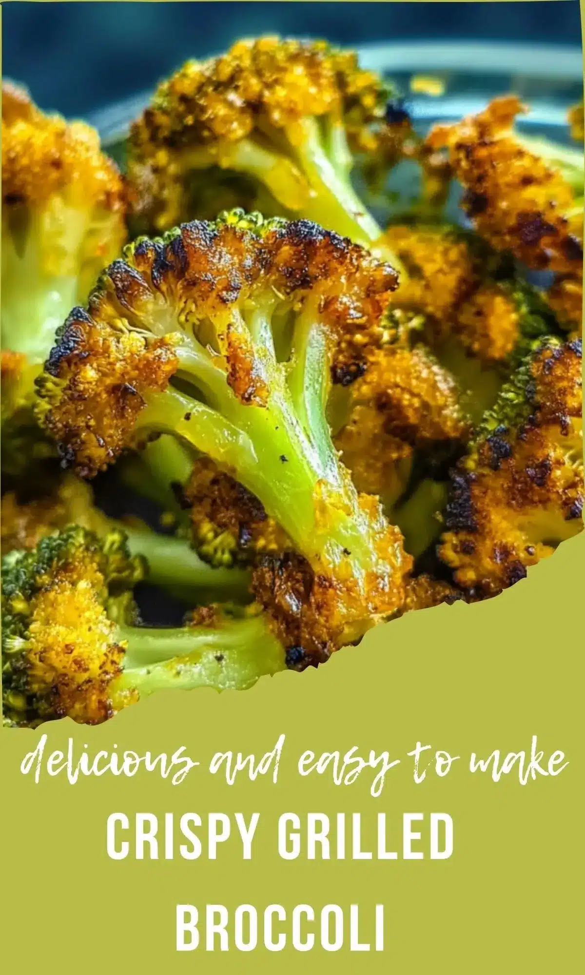 Extreme close-up of perfectly caramelized grilled broccoli showing crispy golden texture