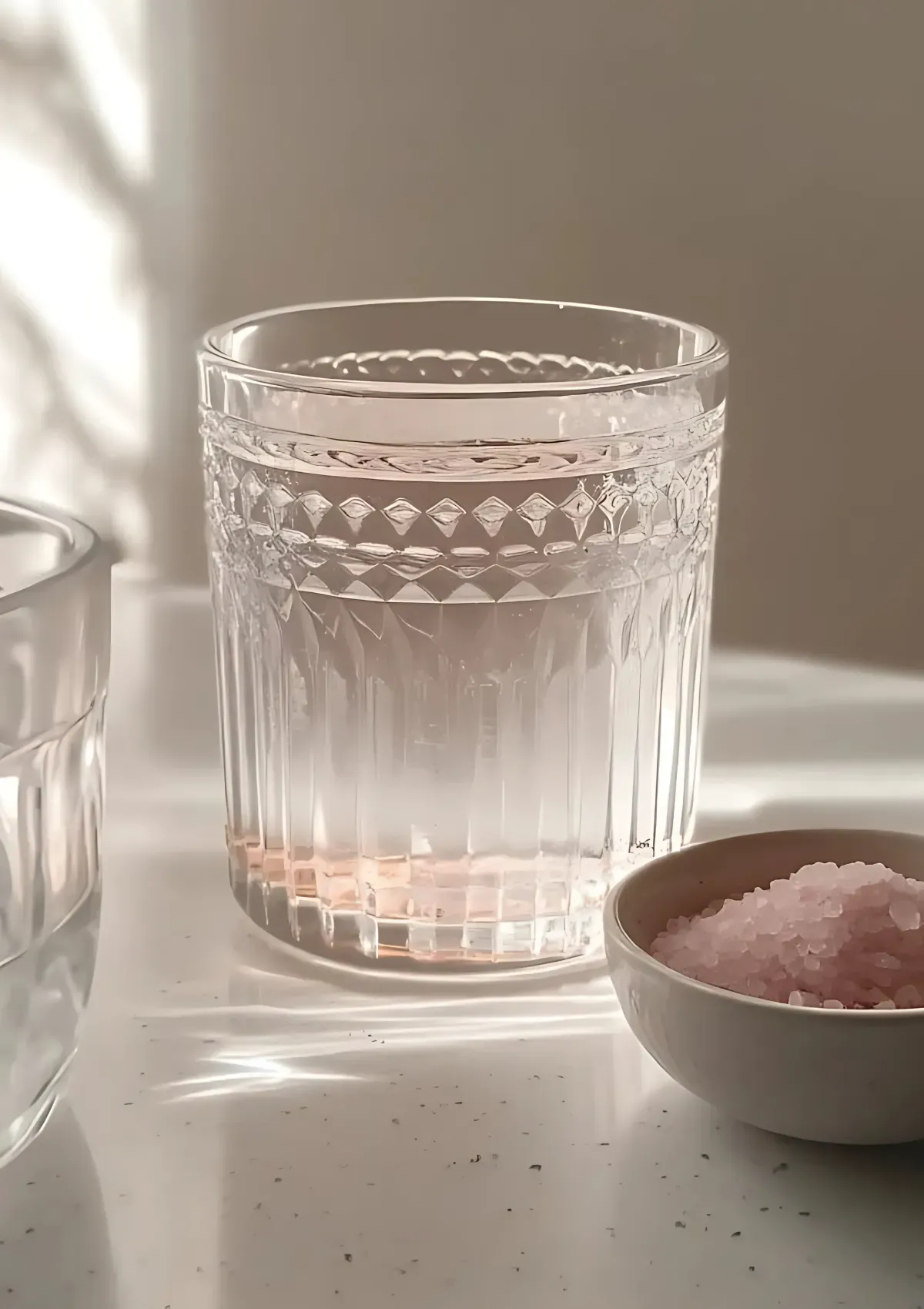 Elegant glass of slightly pink salt water with soft morning light and shadows cast across a countertop, accompanied by a bowl of coarse pink salt.