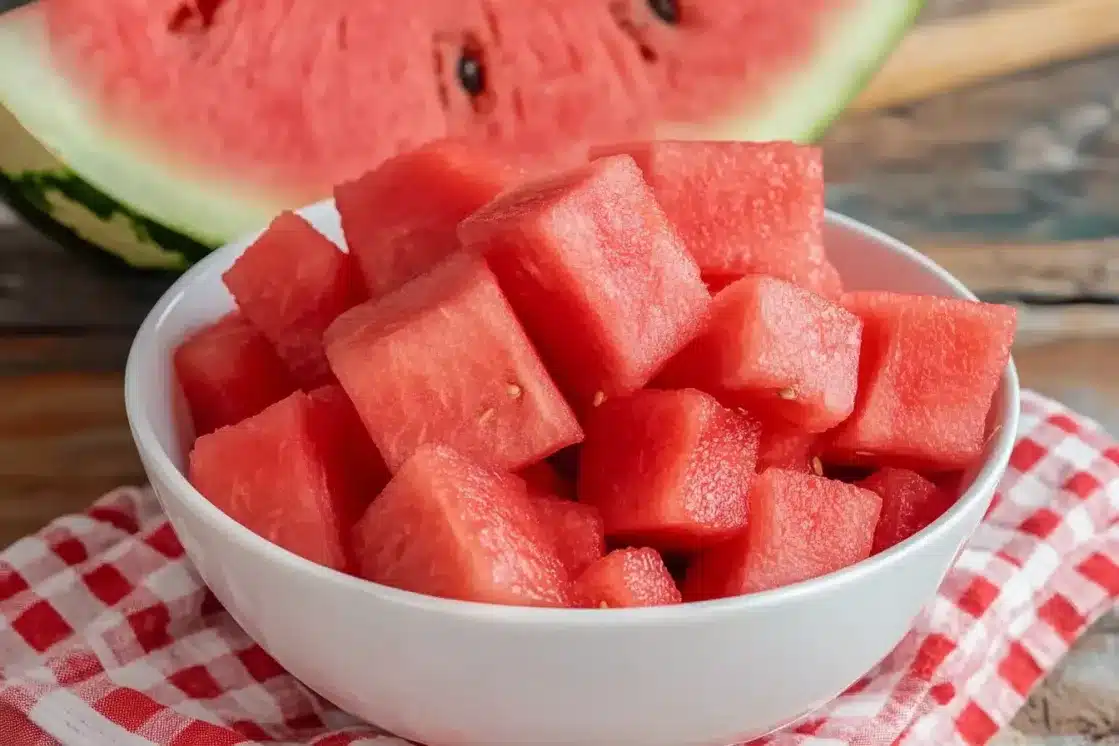 Fresh watermelon cut into perfect cubes in white bowl, essential tropical fruit salad ingredient