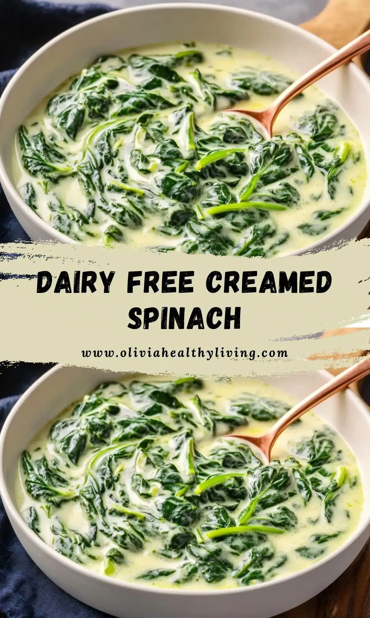 Dairy free creamed spinach in white bowl with copper spoon, showing creamy texture with fresh spinach leaves