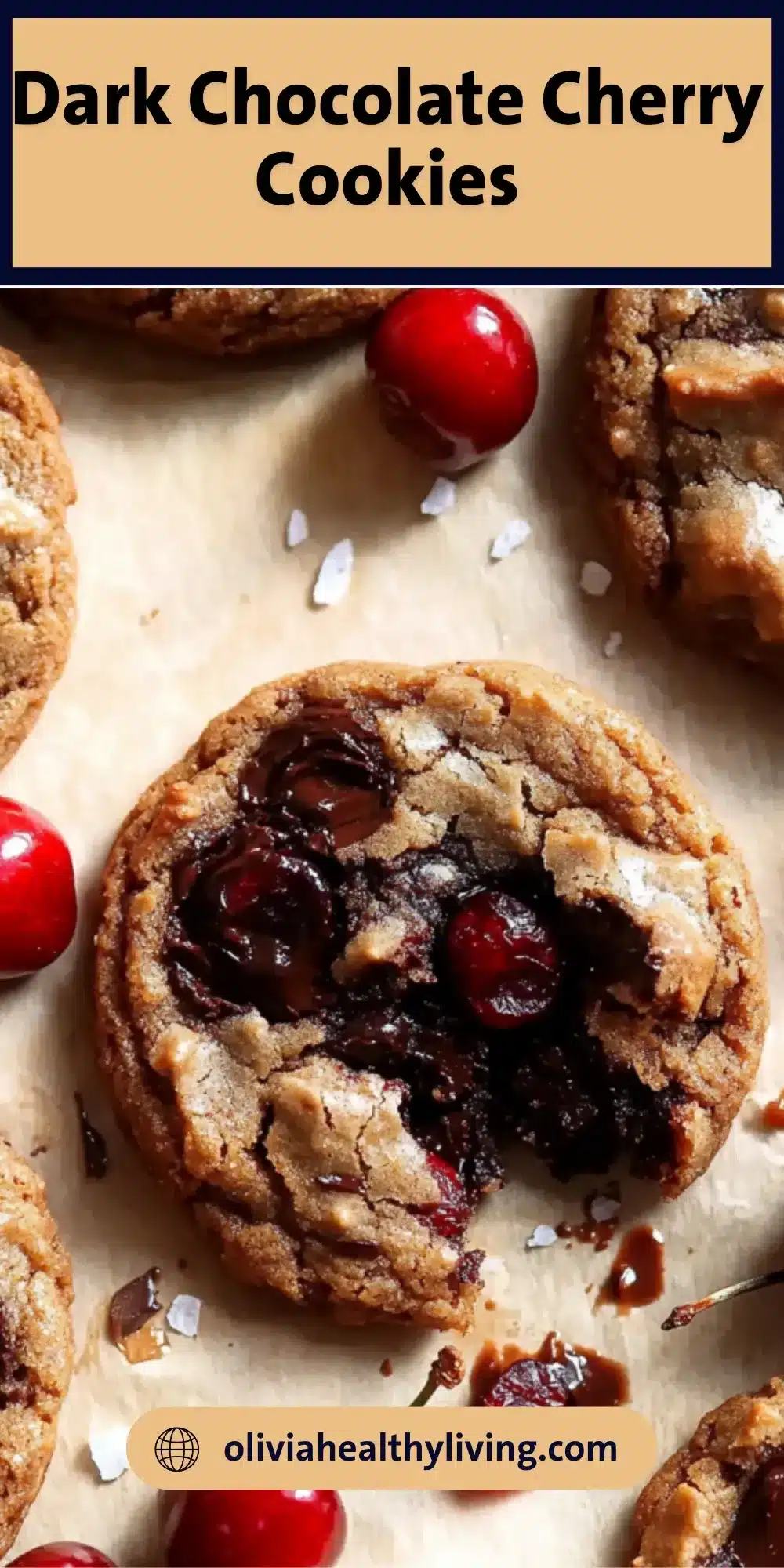 Text overlay reading “Dark Chocolate Cherry Cookies” above a close-up of cookies with chocolate chunks and cherries on parchment paper, with a red cherry and salt flakes.

