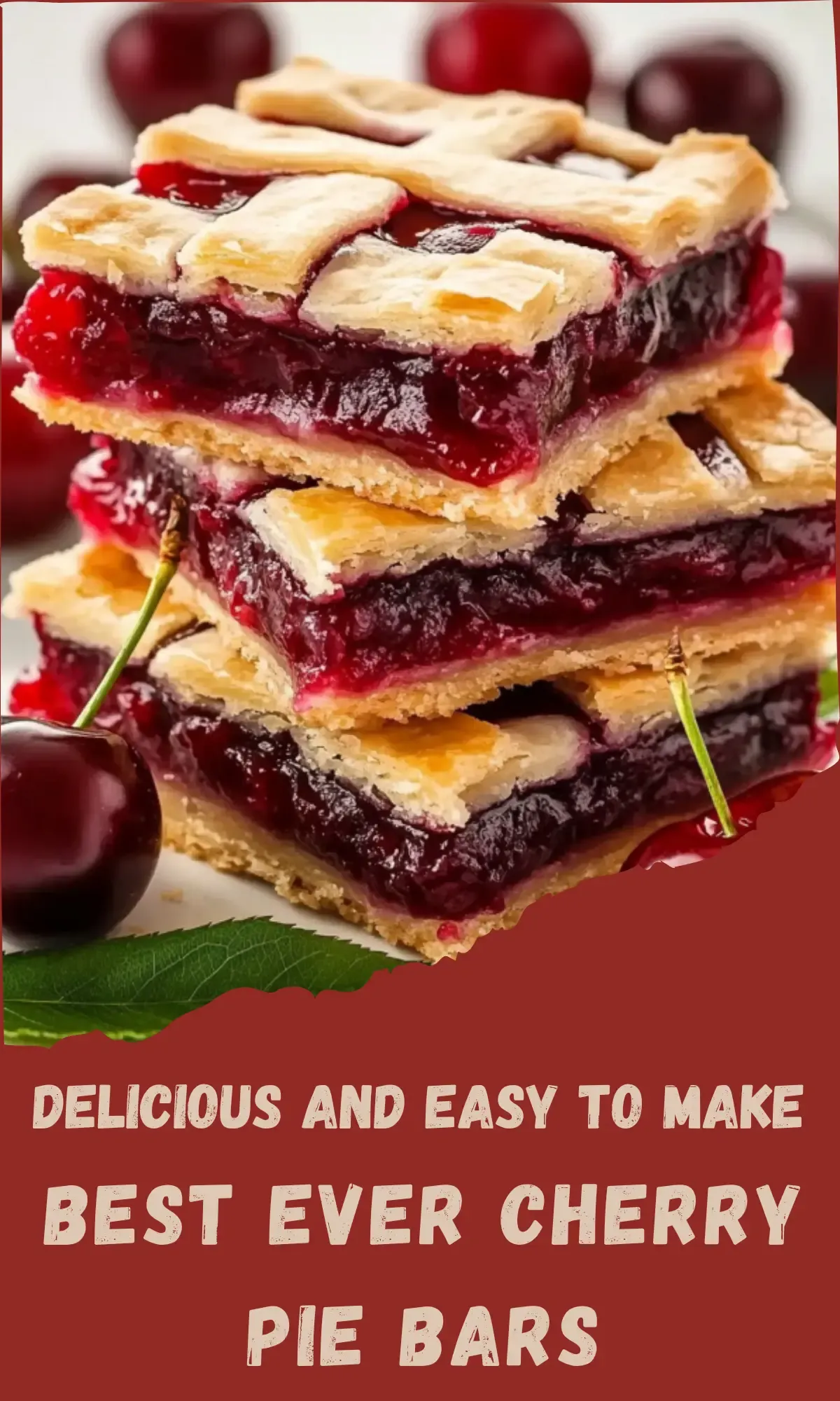 Close-up of cherry pie bars showing flaky pastry layers with cherry filling and fresh cherries