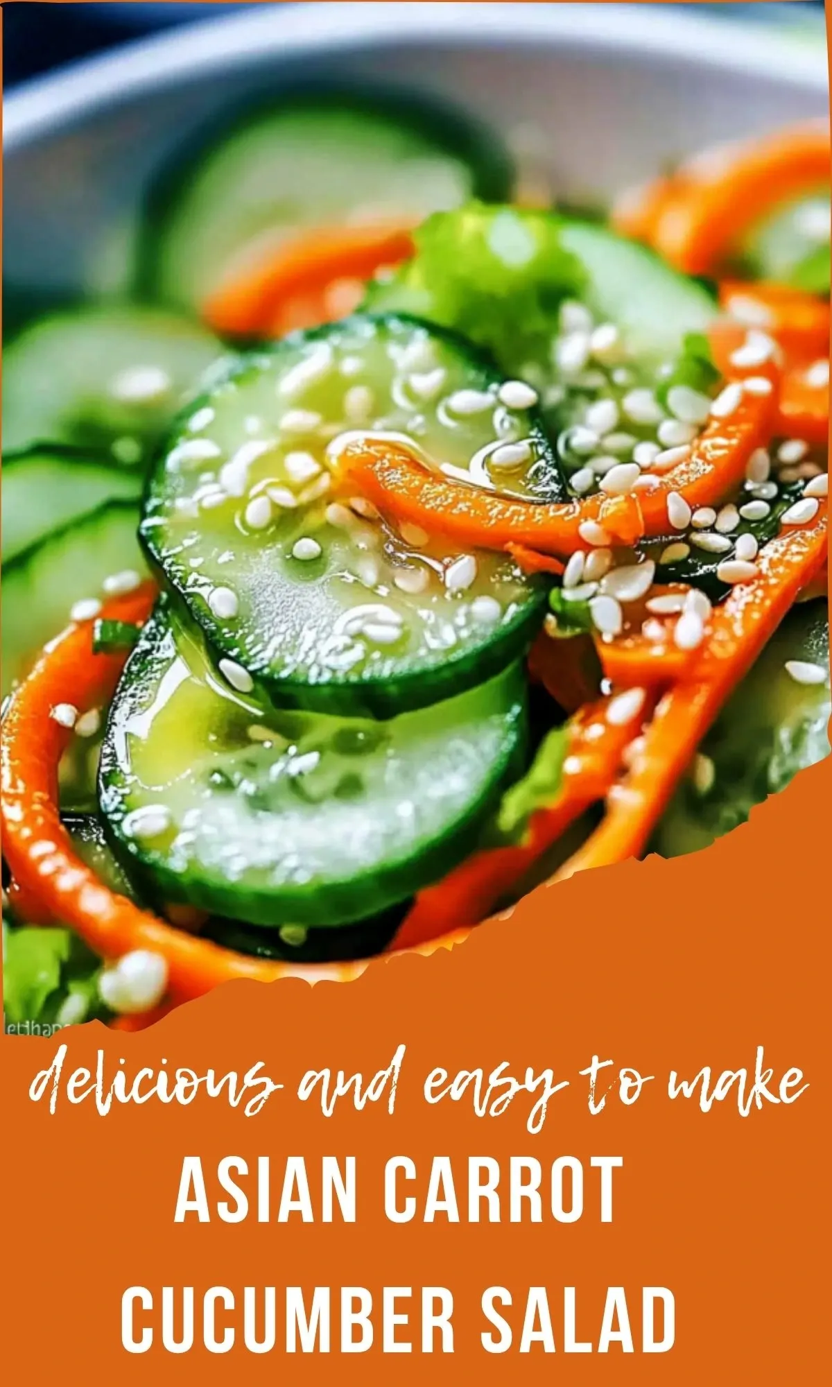 Close-up of Asian carrot cucumber salad with sesame seeds and glossy dressing