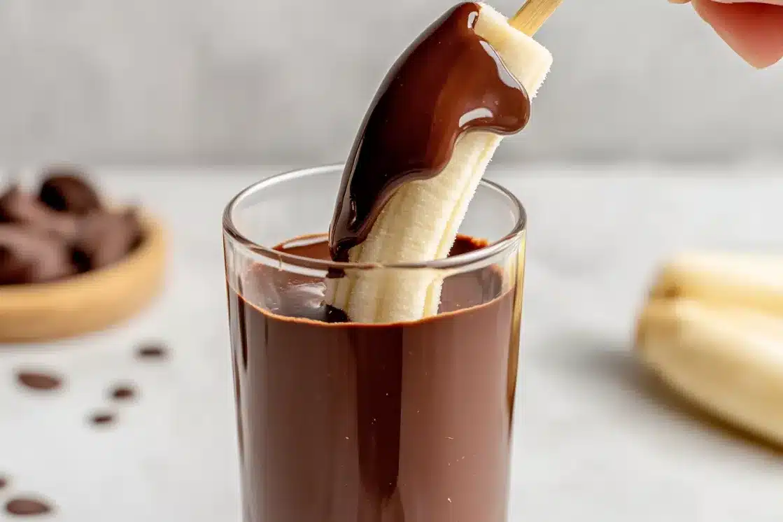 Frozen banana on stick being dipped into melted chocolate in glass cup