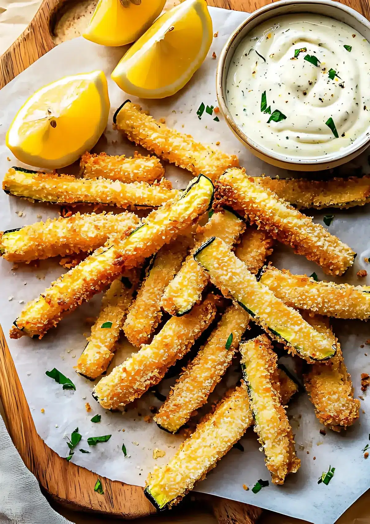 Perfectly breaded air fryer zucchini fries arranged on parchment paper with creamy dipping sauce and lemon wedges