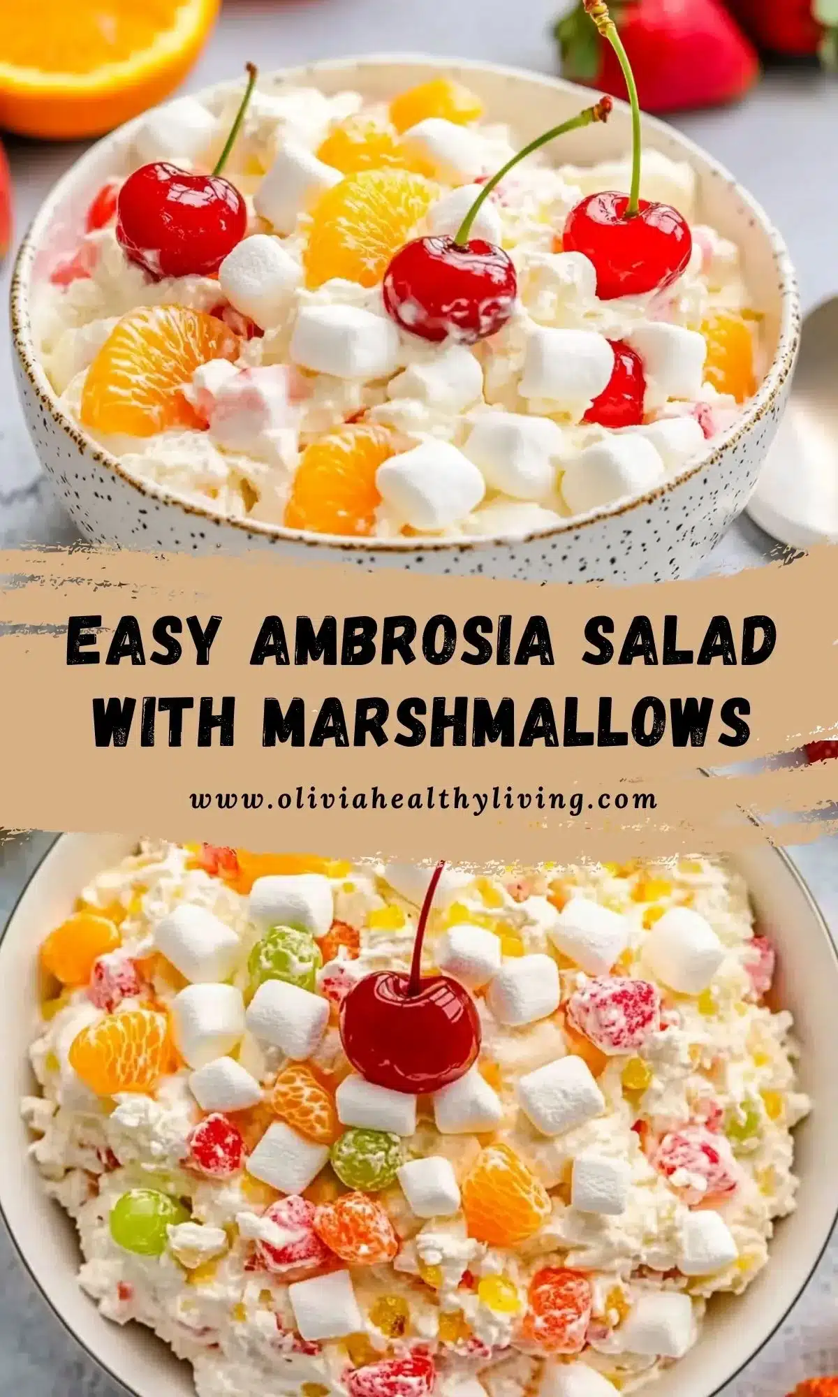 Pinterest-style image of ambrosia salad in speckled bowls with text overlay reading "Easy Ambrosia Salad with Marshmallows" and website attribution