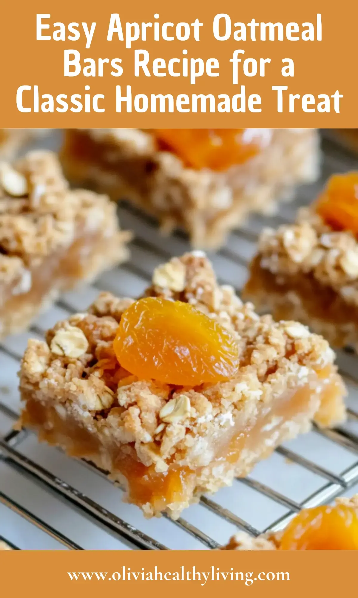 Close-up of apricot oatmeal bar on cooling rack showing layers of oat crust, apricot filling, and crumble topping with dried apricot garnish