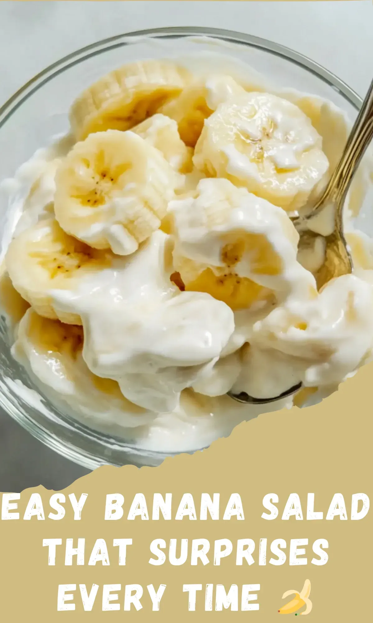 Easy banana salad served in a bowl with bold white text promoting the recipe