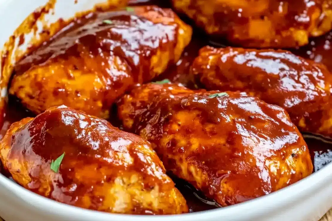 Finished baked BBQ chicken breast with rich caramelized sauce and herbs in white dish