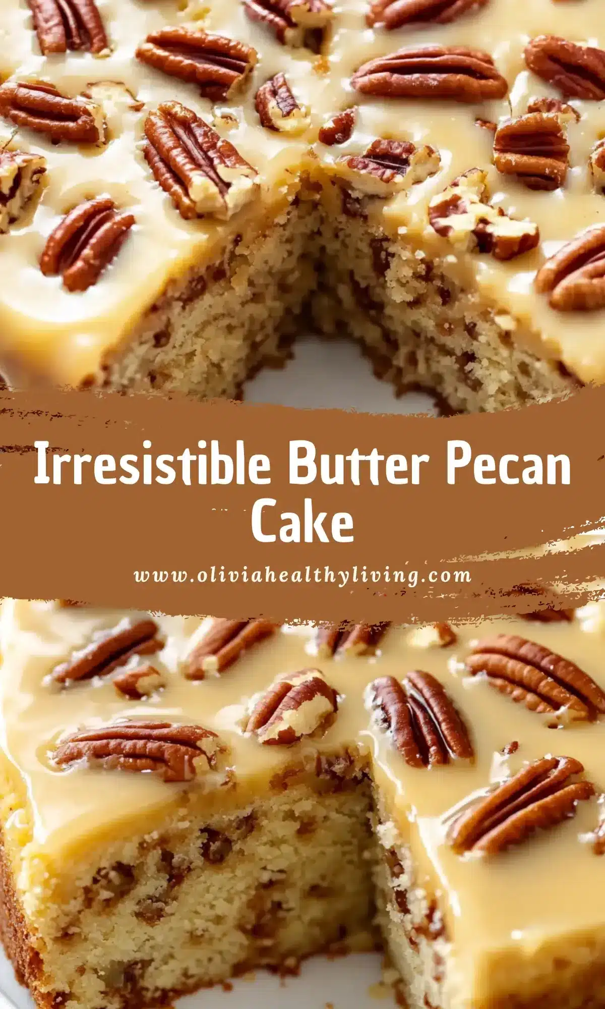 Irresistible butter pecan cake with golden sauce and pecan halves, slice cut to show interior