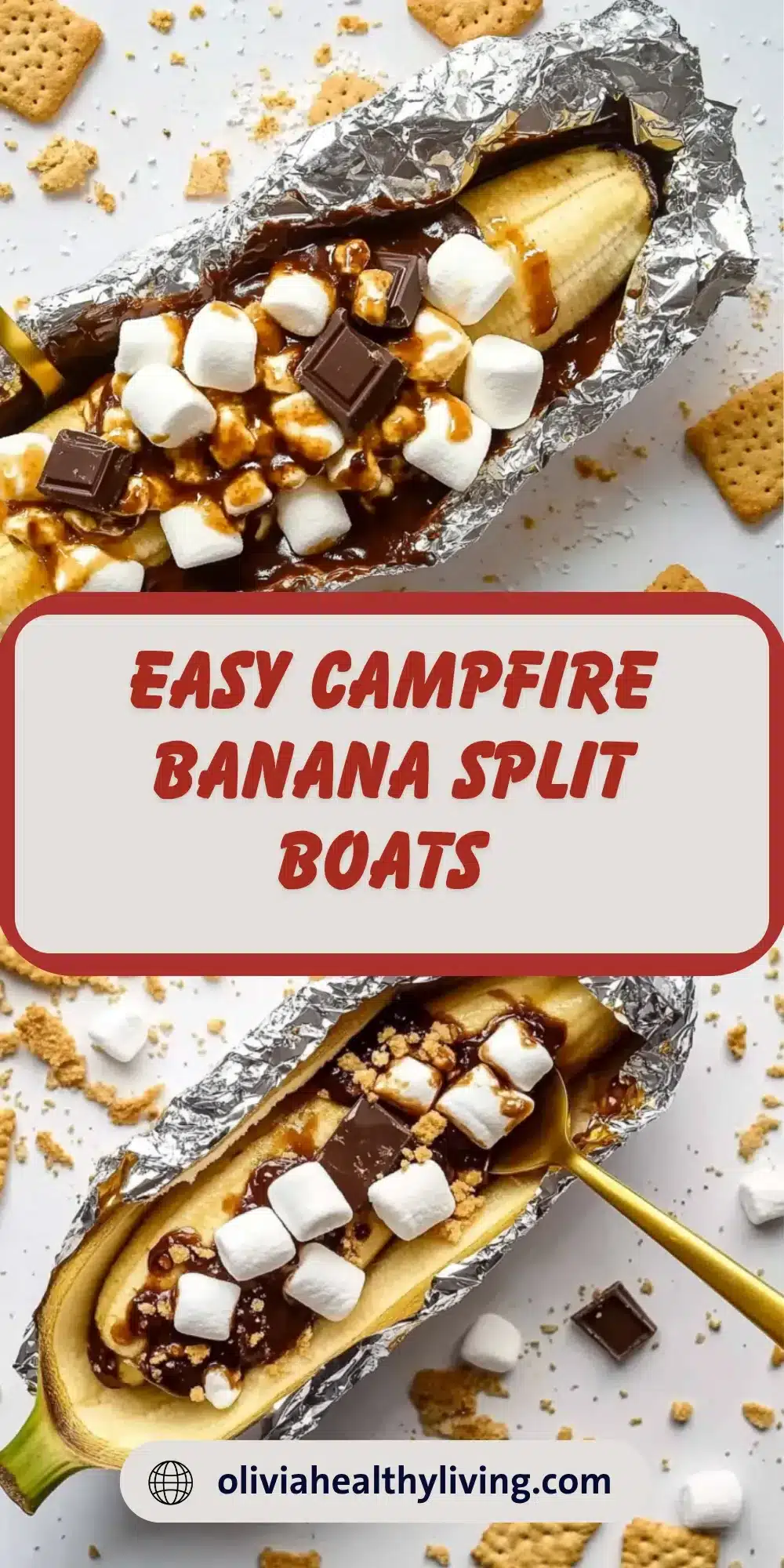Pinterest-style collage showing gooey banana boats loaded with marshmallows, chocolate, and caramel sauce in foil with graham cracker topping.

