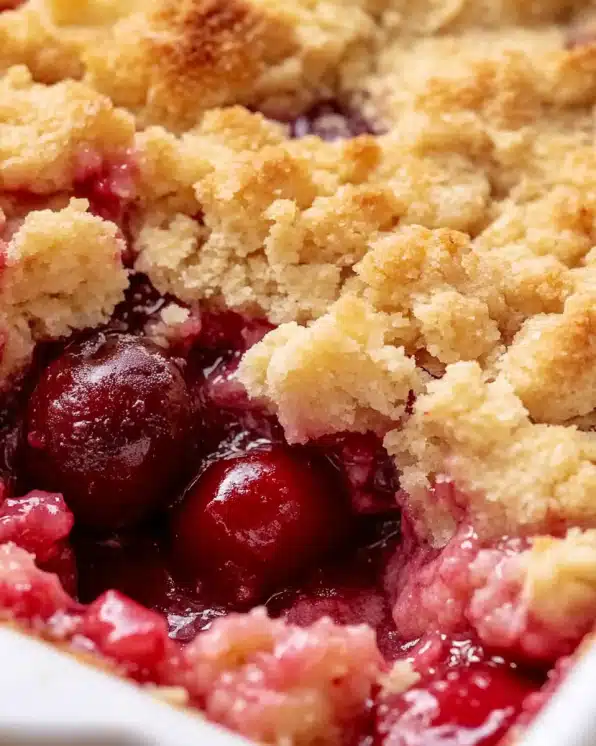 Close up view of cherry cobbler with golden crumbly topping and juicy red cherries bubbling underneathClose up view of cherry cobbler with golden crumbly topping and juicy red cherries bubbling underneath