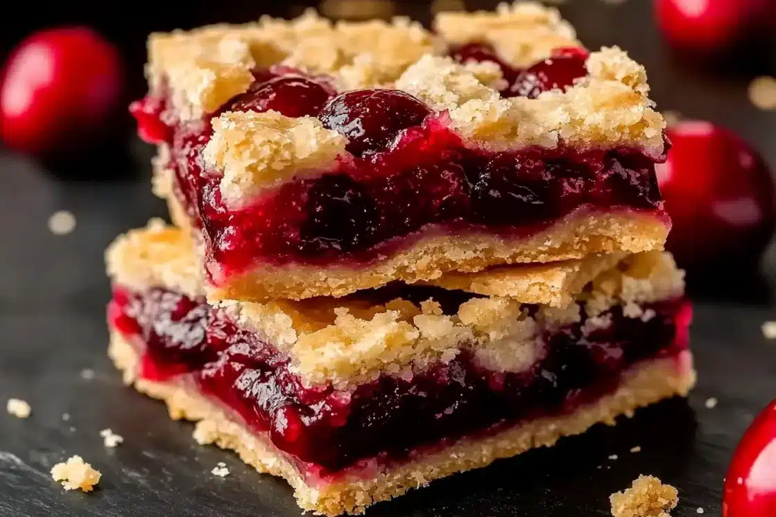 Single cherry pie bar showing thick cherry layer between golden pastry crusts with crumb topping