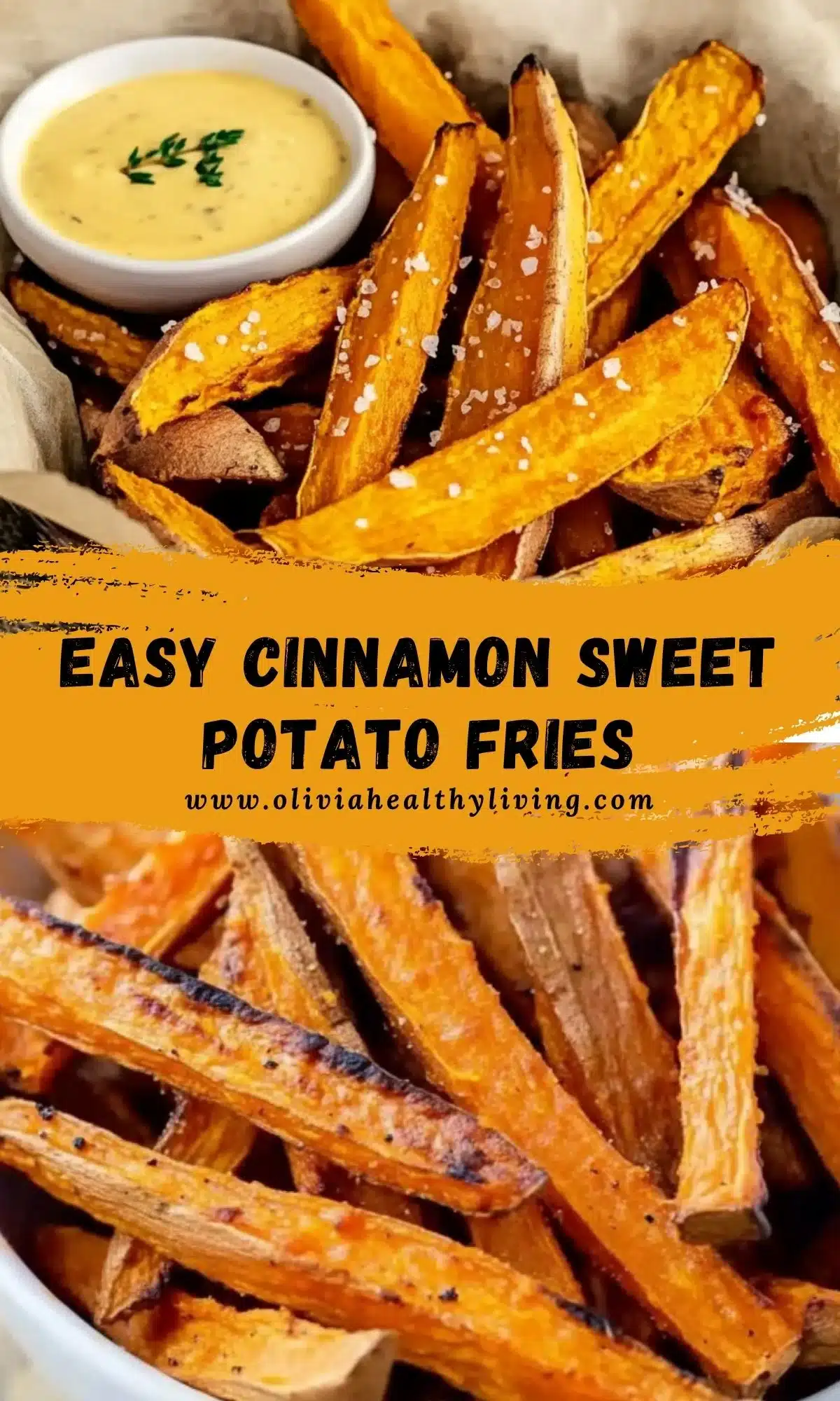 Golden sweet potato fries served in a rustic basket with parchment paper, accompanied by a small white bowl of creamy herb dipping sauce