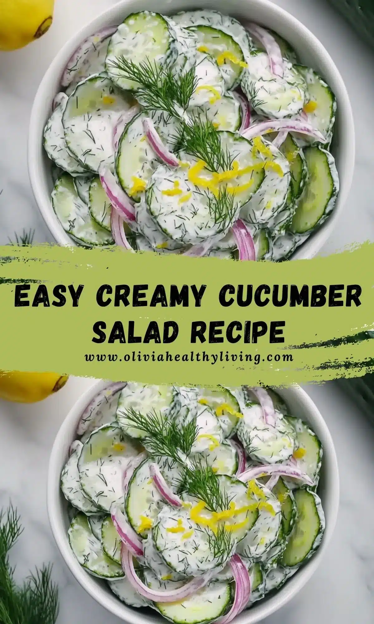 Two white bowls of creamy cucumber salad with recipe title overlay text
