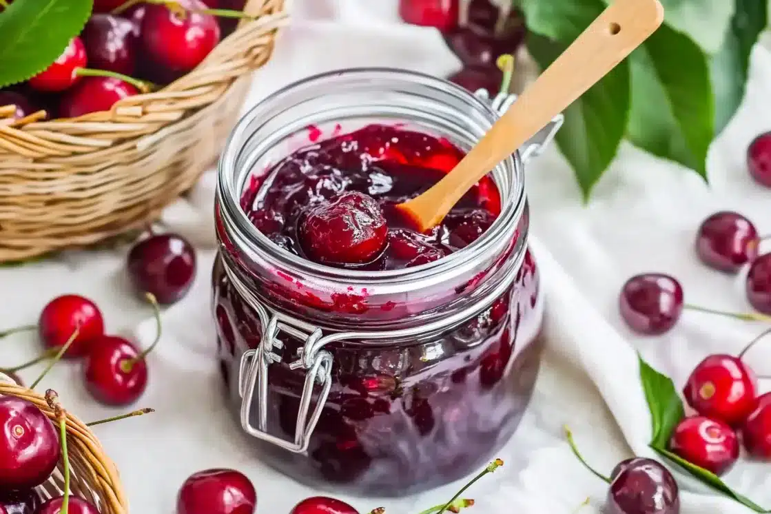 Glass jar of fresh cherry jam with wooden spoon, surrounded by fresh red cherries and green leaves on white surface