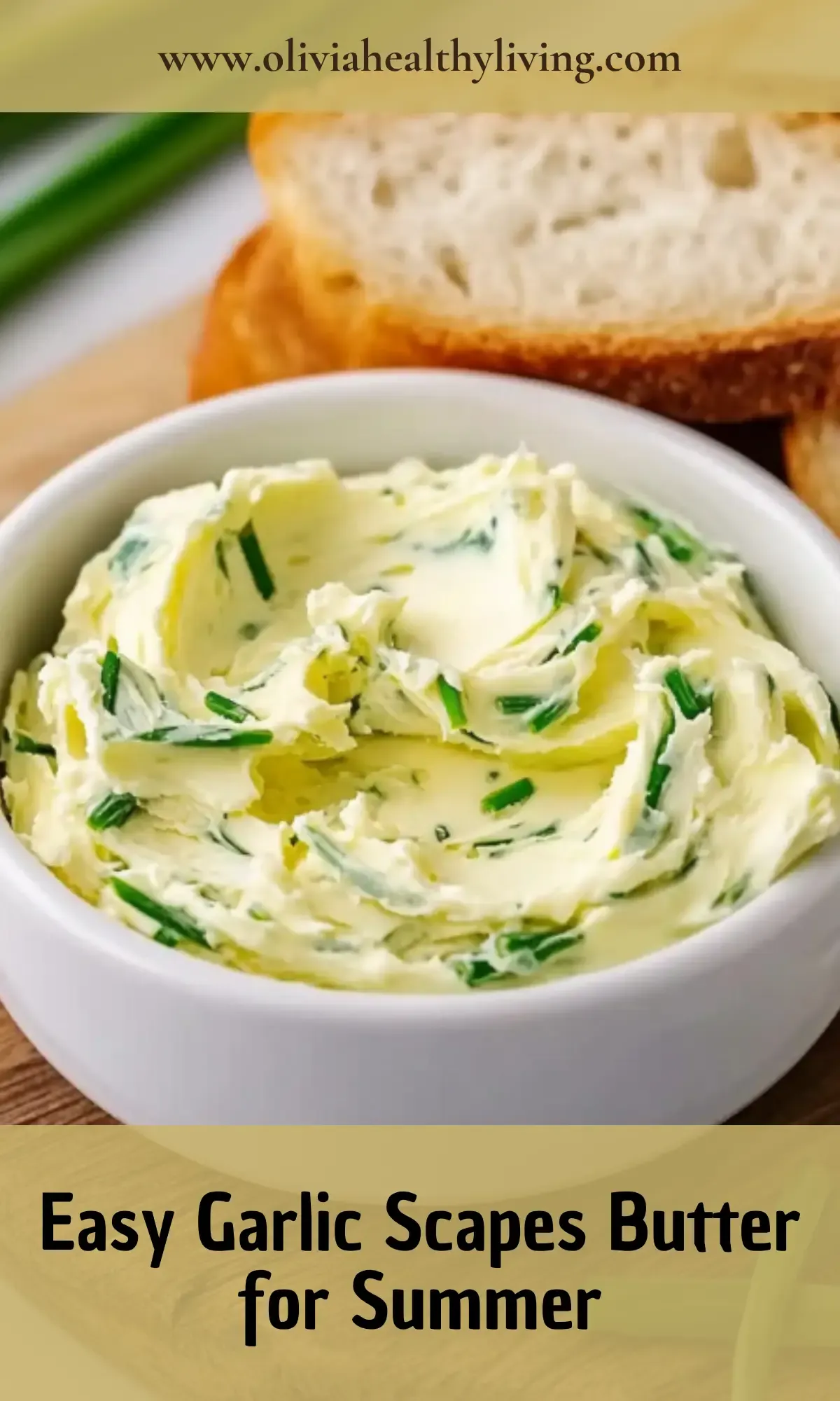 Creamy garlic scapes butter in white bowl with bread slices, showing smooth texture with green herbs mixed throughout