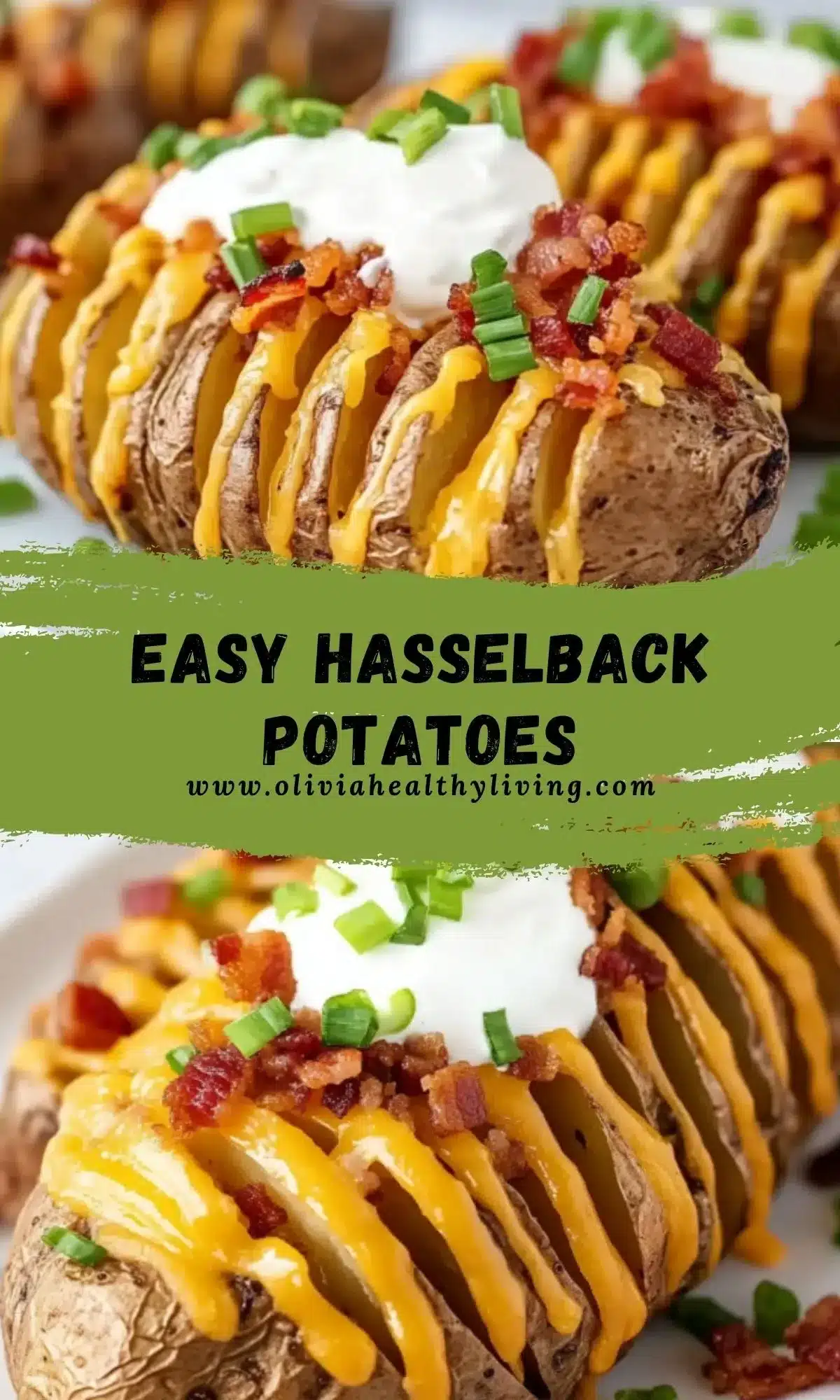 Pinterest recipe pin showing loaded hasselback potatoes with green paint brush overlay design and recipe text for easy sharing