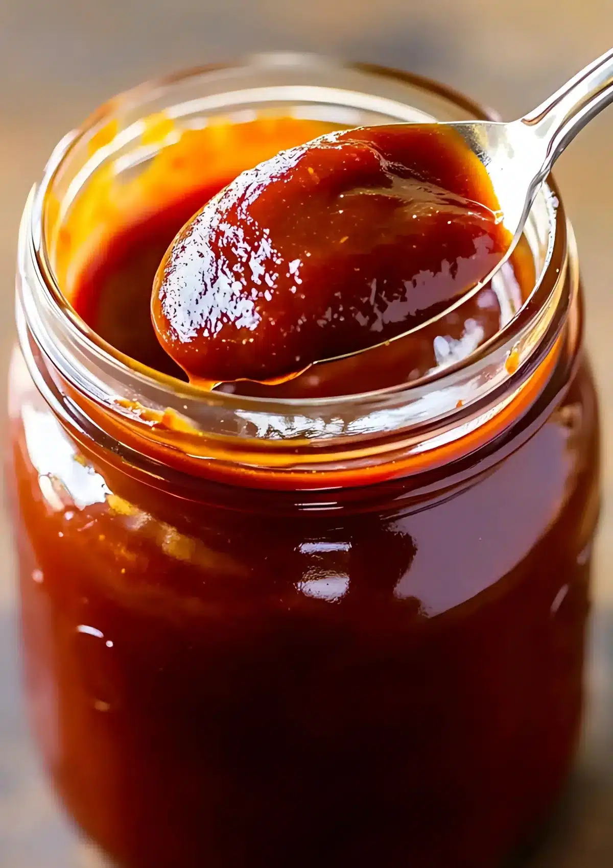 Glossy homemade BBQ sauce being lifted with a spoon from glass jar, demonstrating perfect consistency