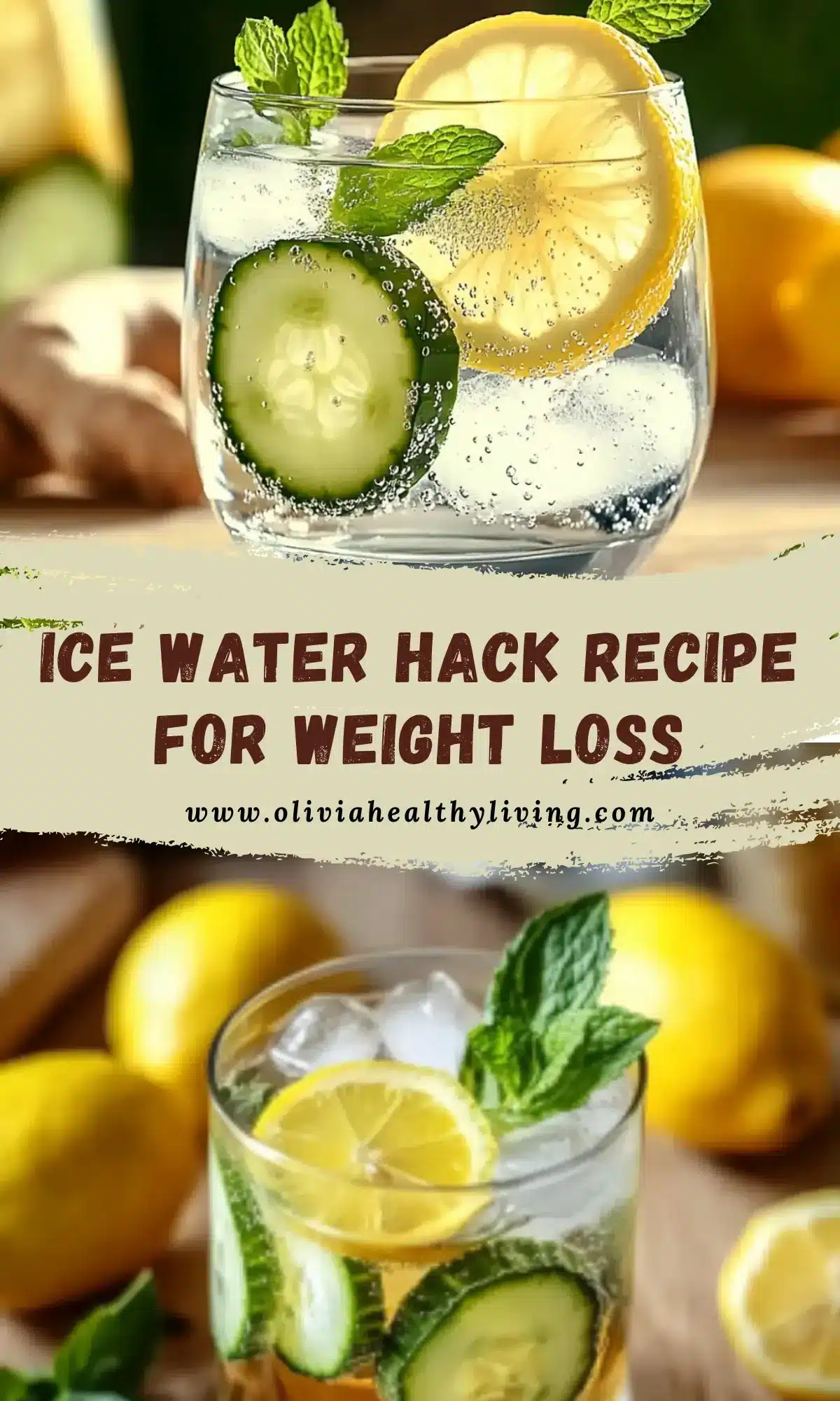 Two glasses of detox water featuring lemon, cucumber, and mint with text overlay promoting weight loss benefits.


