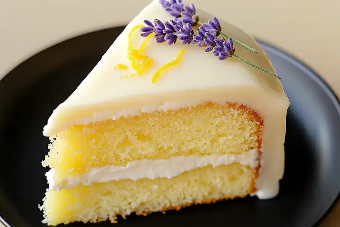 Elegant lemon lavender cake slice on black plate showcasing two-layer design with white frosting and purple lavender