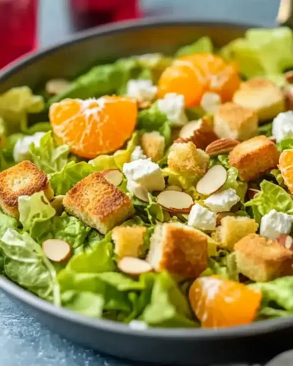 Fresh mandarin orange salad with mixed greens, sliced almonds, feta cheese and croutons in a gray serving bowl