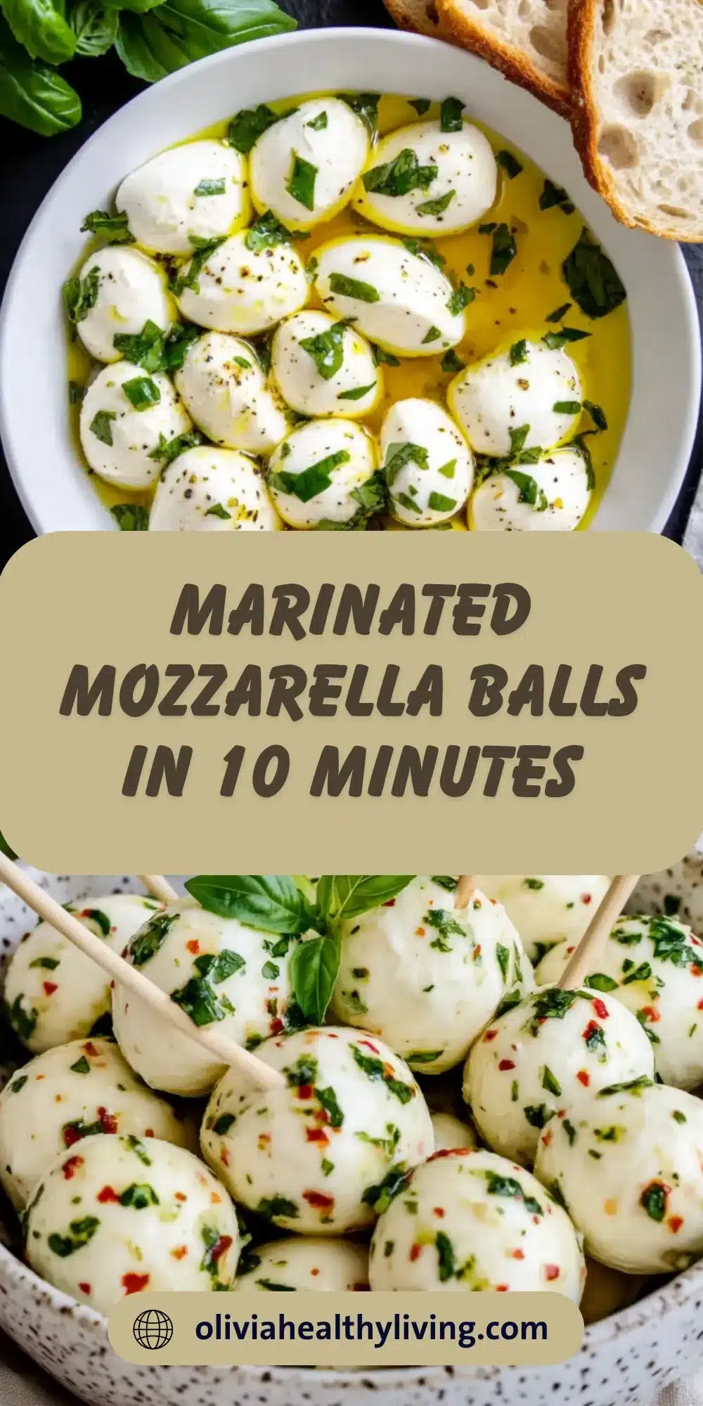 Marinated mozzarella balls in olive oil with fresh herbs in white bowl, with crusty bread and basil leaves, featuring recipe title overlay