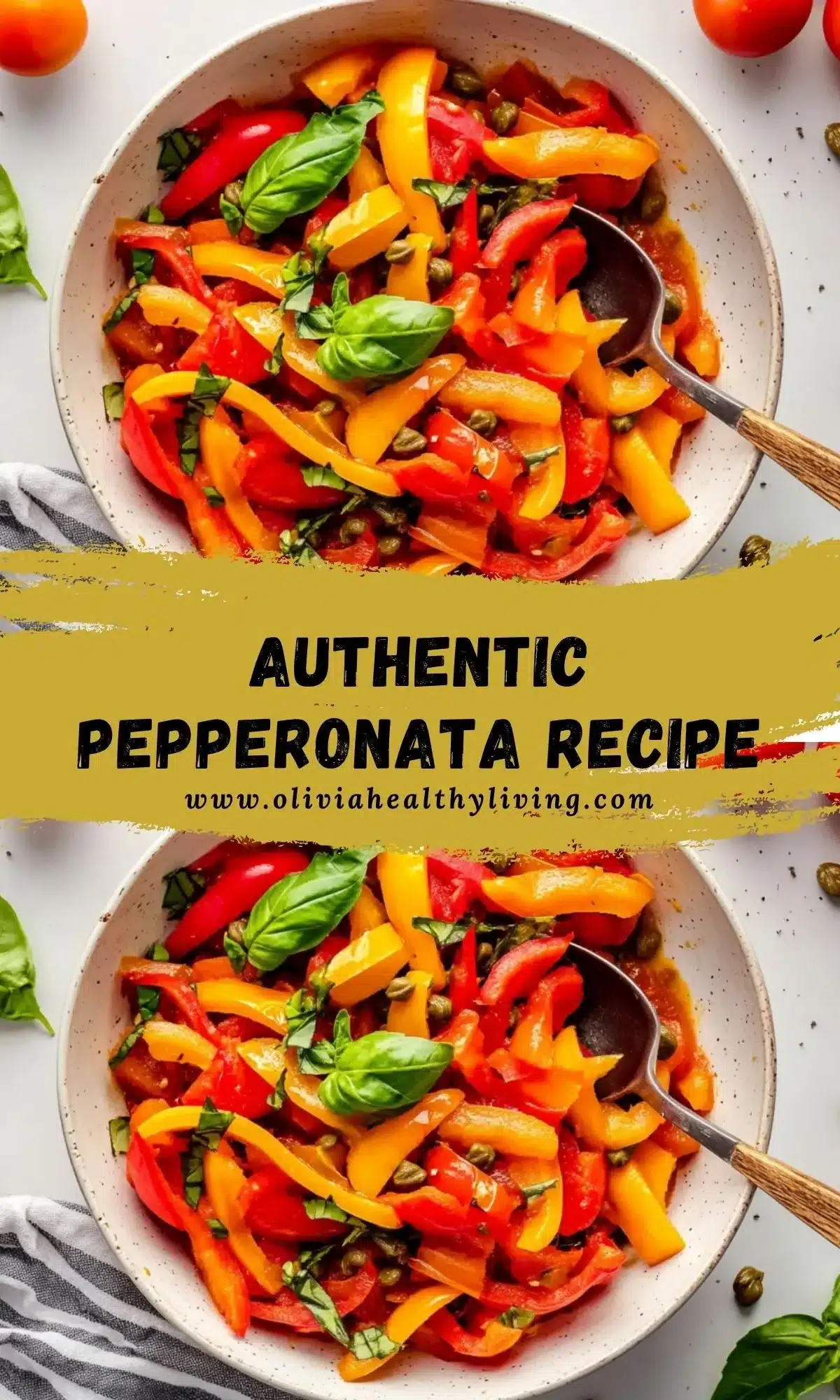 Authentic pepperonata recipe served in a speckled ceramic bowl with vibrant bell peppers, capers, and basil garnish