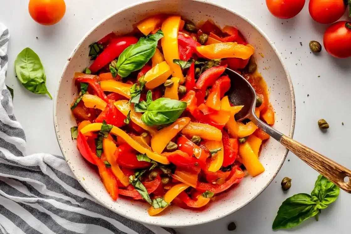Overhead shot of pepperonata recipe in ceramic bowl surrounded by fresh cherry tomatoes, basil leaves, and capers