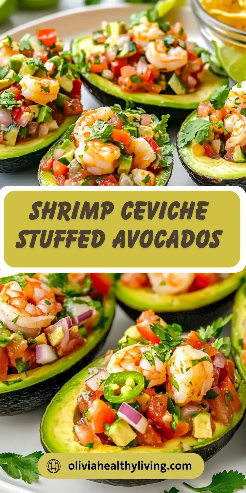 Overhead view of multiple shrimp ceviche stuffed avocados arranged on a dark surface, garnished with fresh cilantro and lime wedges, showcasing the vibrant red, green, and orange colors