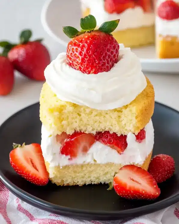 Single serving strawberry shortcake with whipped cream topping and fresh strawberry garnish
