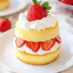 Individual strawberry shortcake portion on white plate with fresh strawberries and cream layers