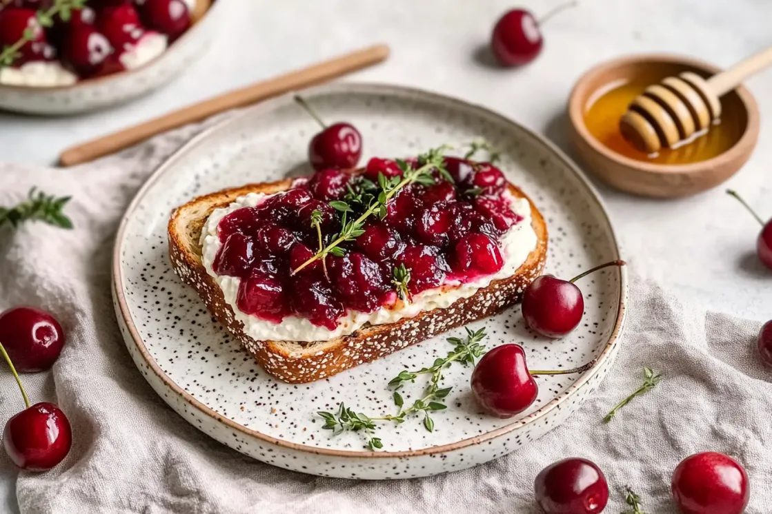 Roasted cherries on cream cheese toast garnished with fresh thyme and honey drizzle