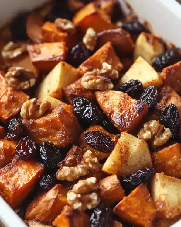 Close-up macro shot of finished apple sweet potato bake showing caramelized sweet potato cubes, tender apple pieces, toasted walnuts, and dark raisins with rich golden-brown color